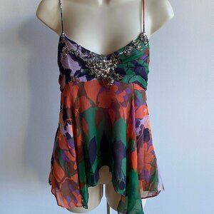 BCBG Max Azria Silk Chiffon Sequin Top • Size Small • Asymmetrical Hem Cami